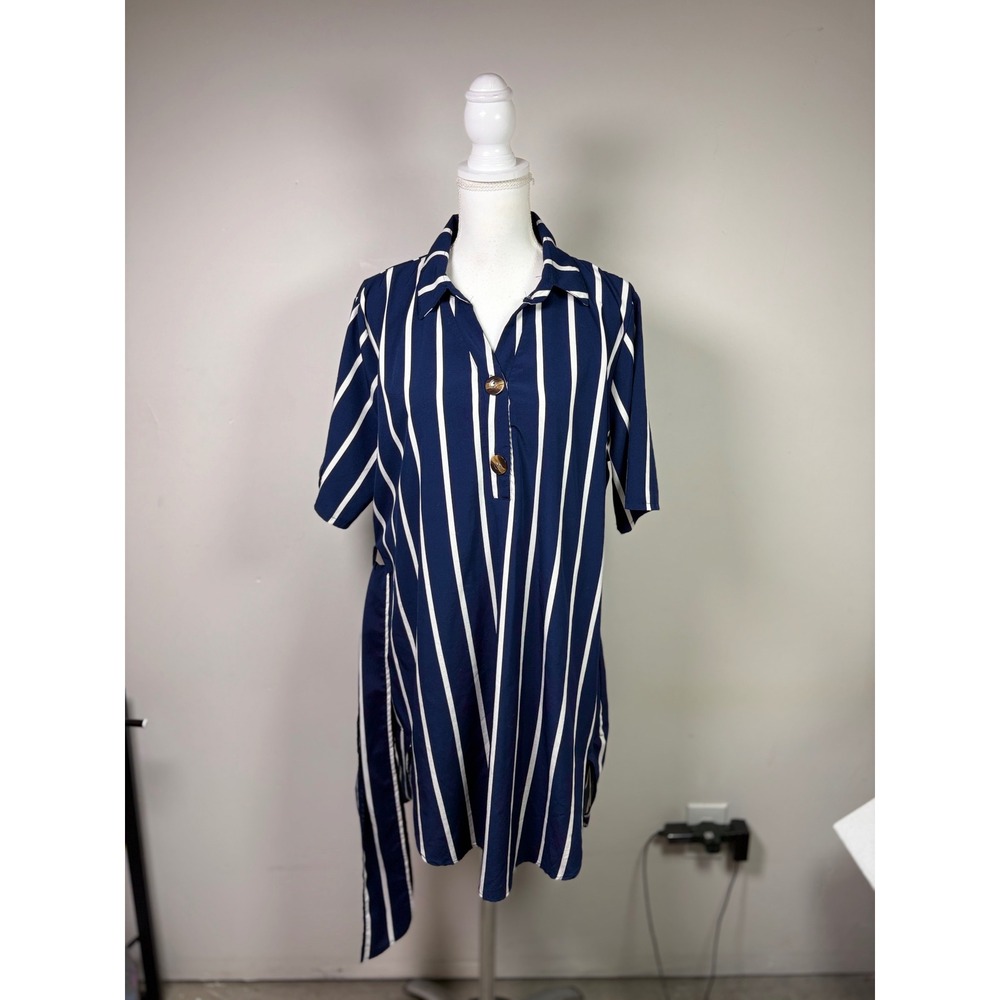 Shein Curve 1XL Navy Blue White Striped Tunic Shirt Short Sleeve Tie Waist